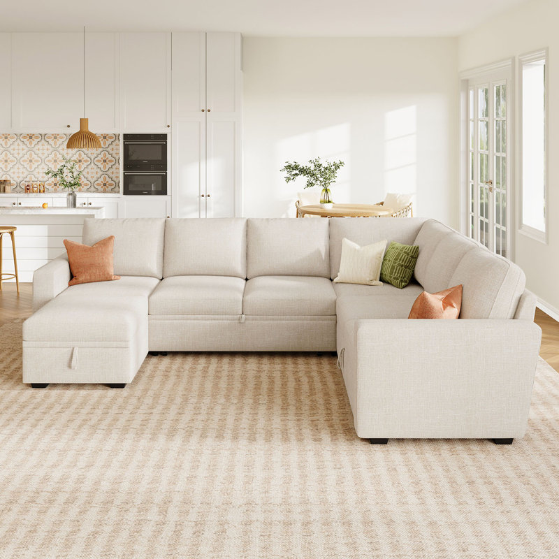 Niyona U Shaped Sleeper Sectional Modular Sofa Bed With Storage Chaise, Beige Polyester