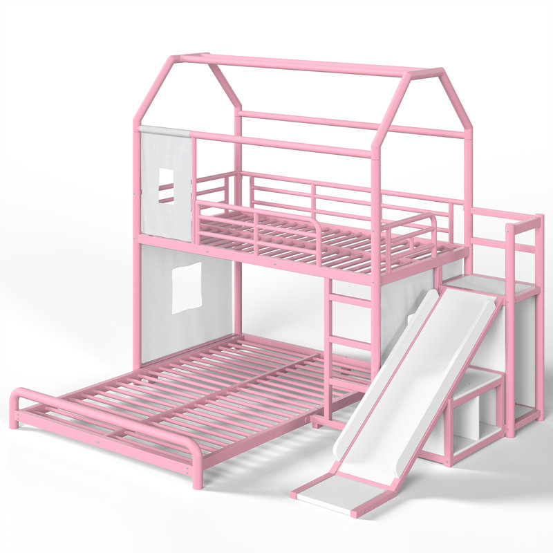Lit superposé en métal avec glissade, échelle, lumière DEL, rideau et armoire de rangement, rose, Jumeaux sur complet, Rose