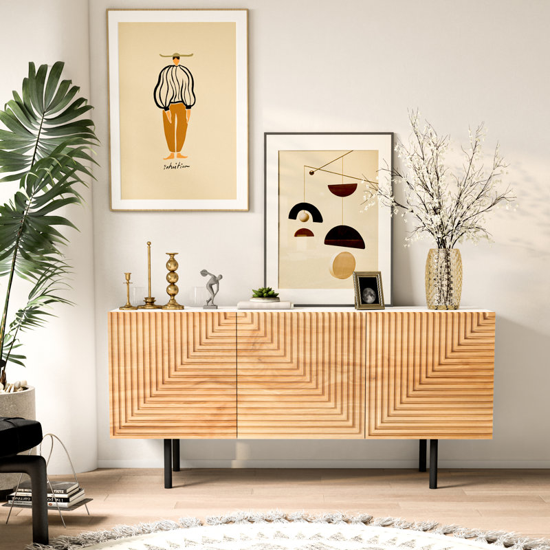 57" Black and Natural Wood Mid Century Modern TV Stand with Cabinet