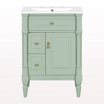 24 Inch Bathroom Vanity With Sink, Green Freestanding Bathroom Cabinet With Flip Drawer, Adjustable Shelf, Solid Rubberwood Frame, MDF Panels & Metal Handles