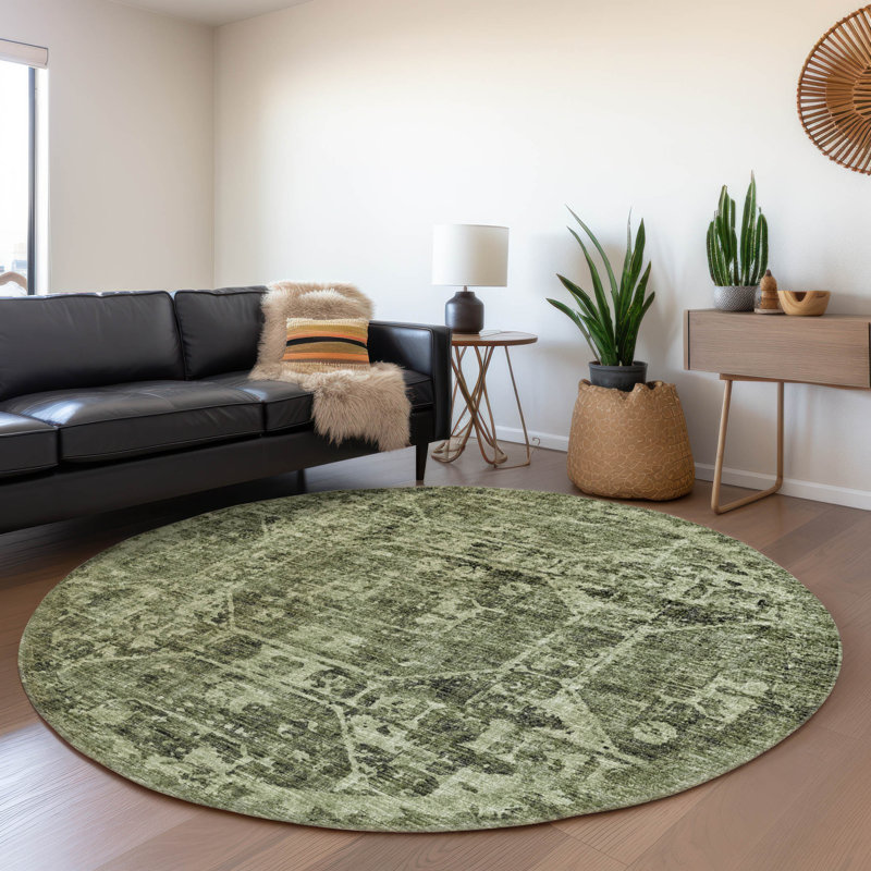 Premium Machine Washable Kelsa AMF41 Olive Rug, Round 8'