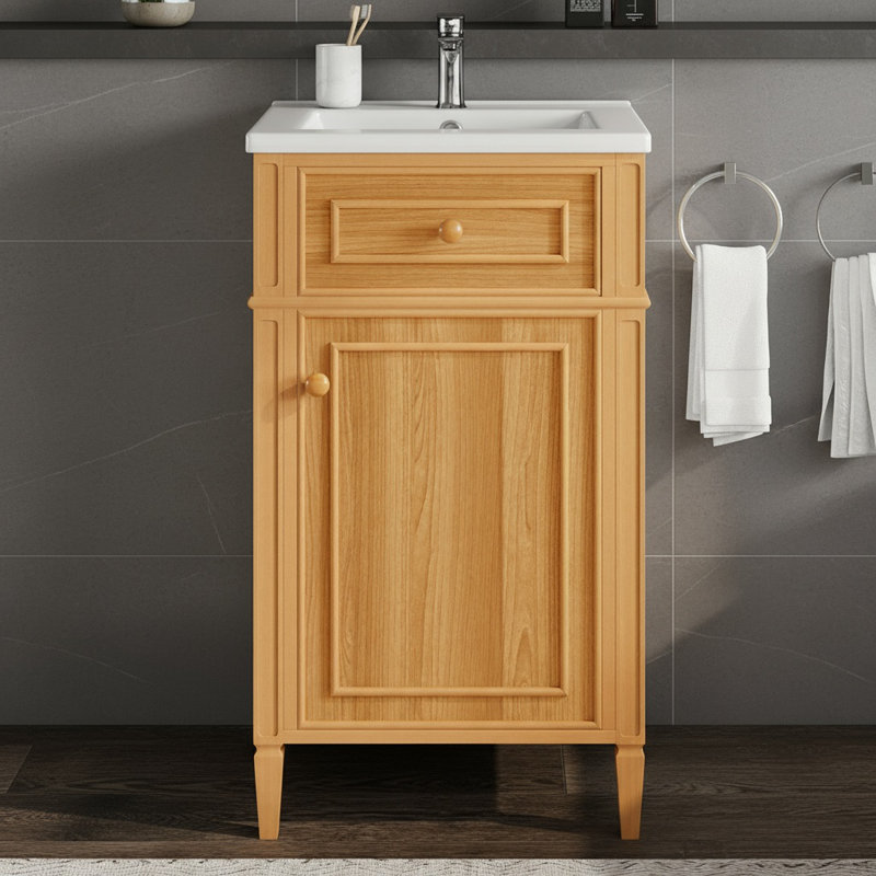 Meuble-lavabo en bois 20 po avec évier - Pieds solides, tiroir inclinable, tablette réglable, prêt pour la petite salle de bain