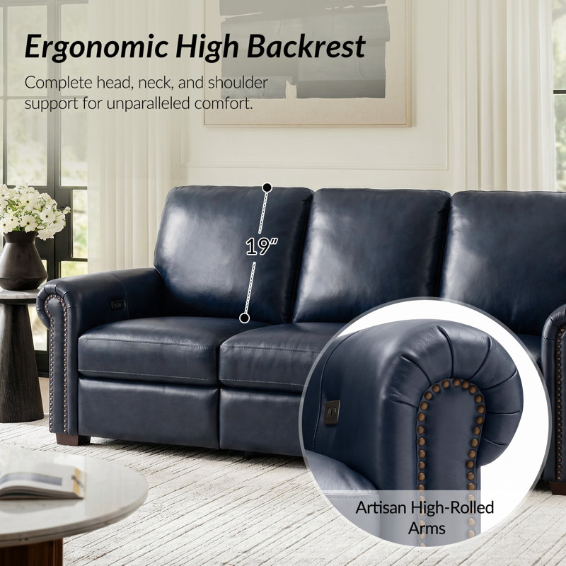  Igon 86.25" Traditional Down-Filled Genuine Leather Power Reclining Sofa, Navy