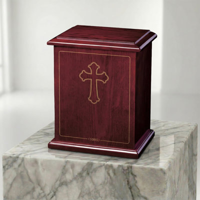 Wooden Cremation Urn for Human Ashes Adult Male & Female, Rosewood Urn Box with Gold Cross for Columbarium Niche, Bottom Loading, 300 Cu In