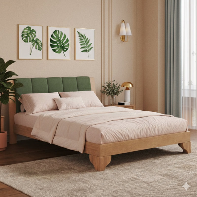 Base de lit de grande taille en bois de pin de haute qualité, avec tête de lit, de style Mid-Century moderne, fini dans des tons naturels et verts.