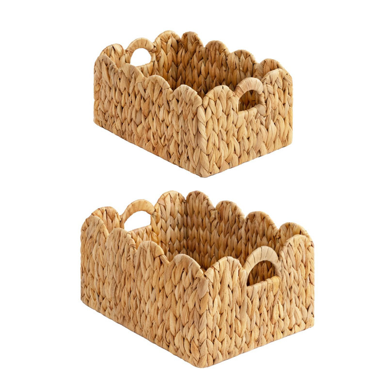 Handwoven Water Hyacinth Storage Baskets With Scalloped Edges, Built-In Handles - Set Of 2