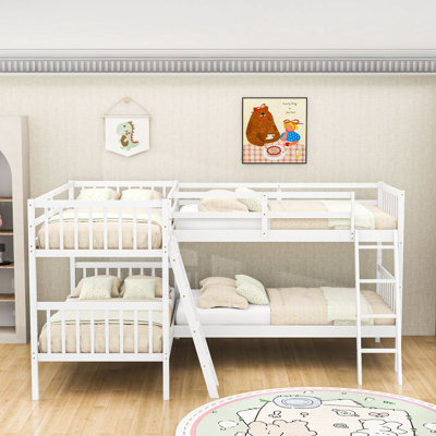 Twin Over Twin Wooden L-Shaped Bunk Bed For Four