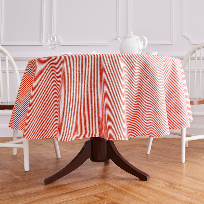 Narrow Stripe - 100% Pure Linen Tablecloth, Red/White, 70" Round