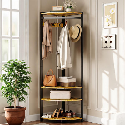 Hall Tree with Storage Bench,Entryway Coat Rack with Shelf,Corner Coat Rack with 6 Double Hooks,Wooden Hanger Stand for Jackets Hats and Shoes