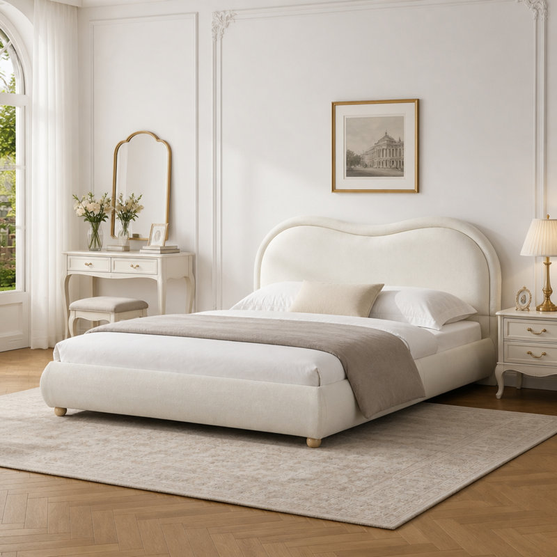 Grand lit plateforme tapissier avec tête de lit courbée, Grand lit, Beige