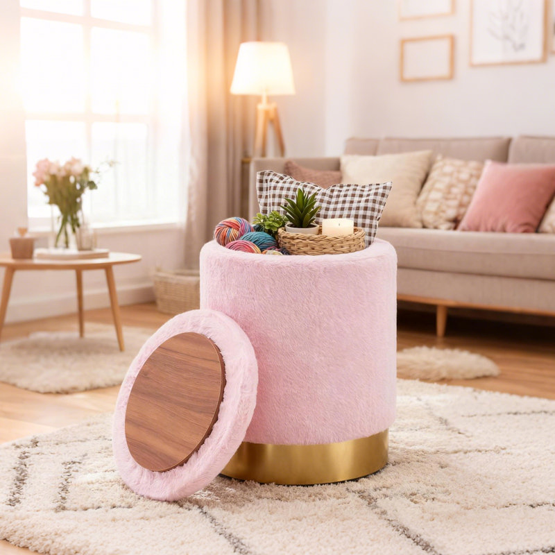 Repose-pieds rond en velours avec rangement, Rose