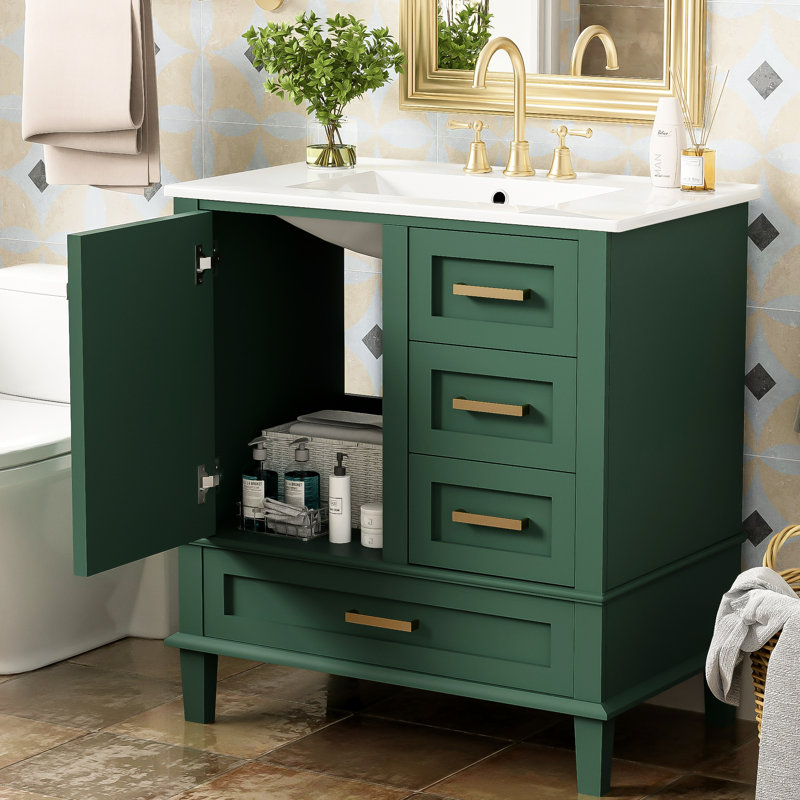 Meuble-lavabo de 30 po - Armoire moderne avec lavabo. Bois massif, porte à fermeture en douceur, 3 tiroirs. Comptoir en céramique. Élément gracieux. Armoire de rangement au design élégant. Structure en bois, tiroirs et porte lisse