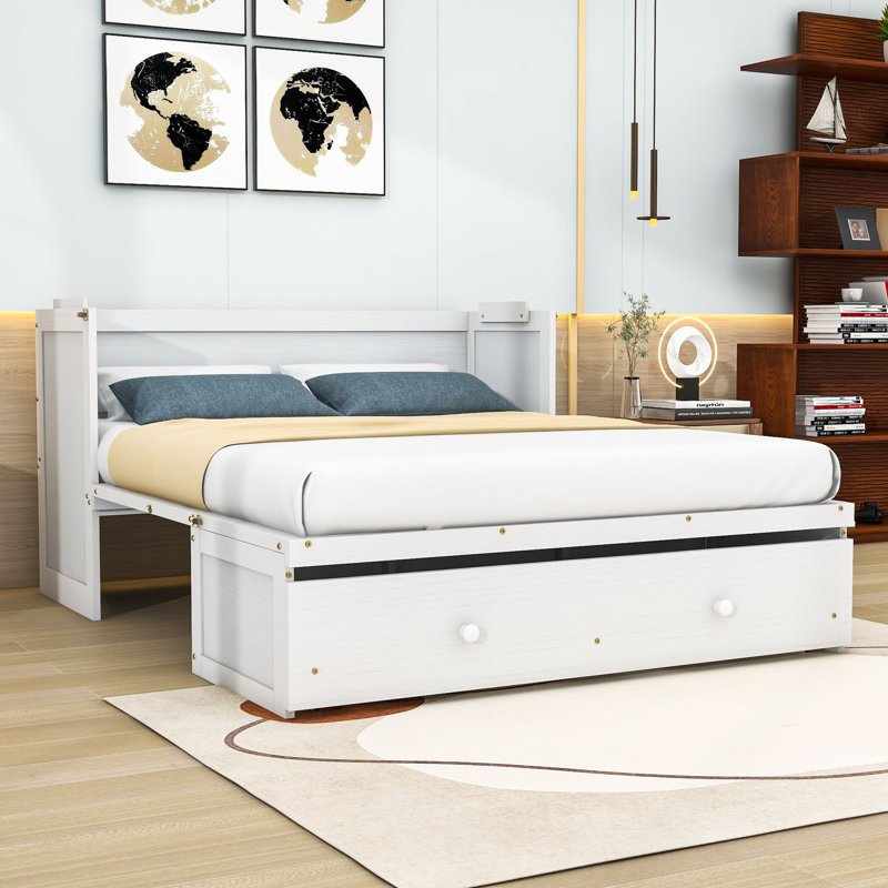 Lit escamotable 1 tiroir en bois avec ports USB, Blanc, Grand
