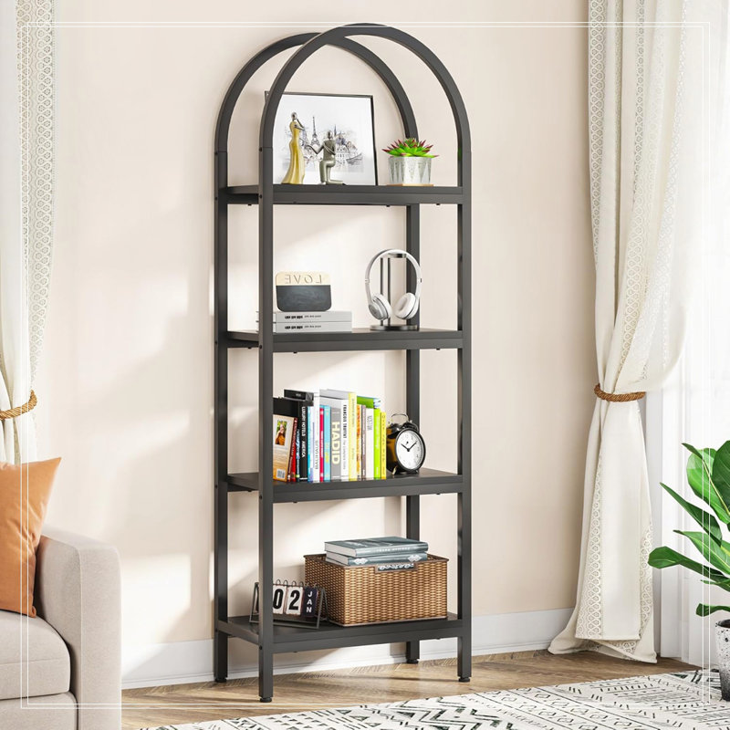 4-Tier Industrial Black Arched Open Bookshelf