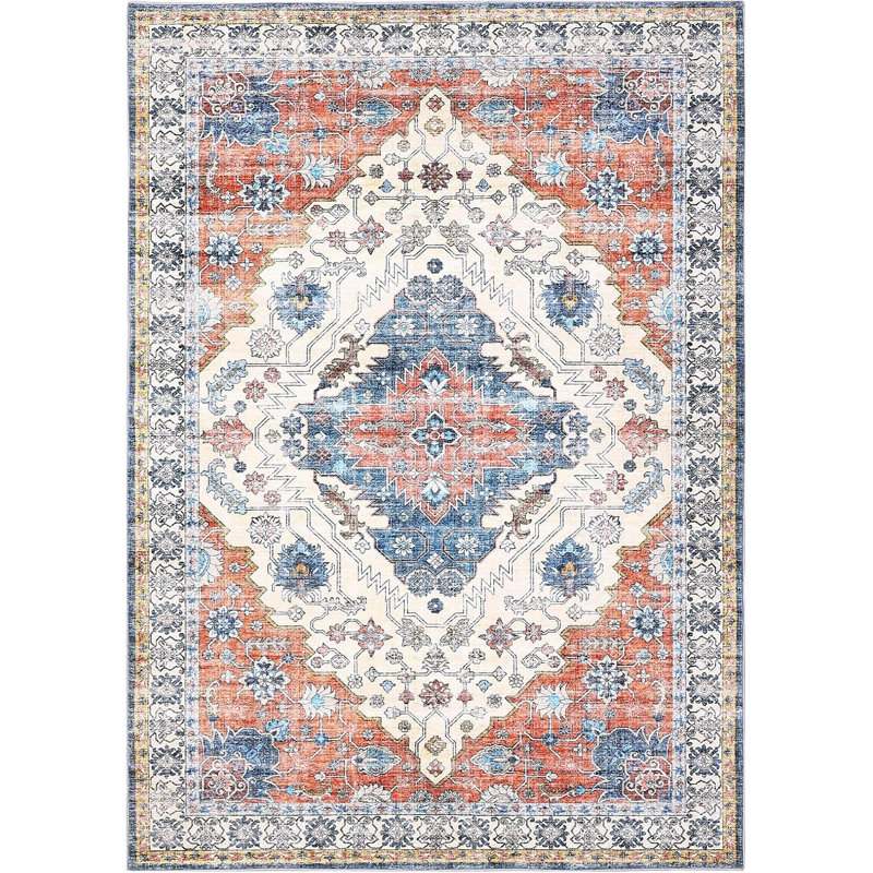 6x9 Washable Vintage Boho Rug for Living Room, Office, Dining, Kids Room, Low Pile, Non-Slip, Durable for High Traffic Areas, Orange Brown