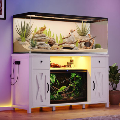 Helge 75 Gallon Fish Tank Stand with LED Light & Power Outlets, 55-75 Gallon Aquarium Stand with 2 Drawers & 2 Barn Doors,Cabinet for 2 Fish Tank Accessories Storage