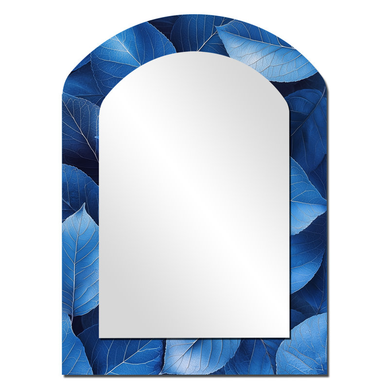Periwinkle Leaves Of Blue Simplicity I - Leaves Asymmetrical Decorative Mirror, Blue Arch Wall Mirror, Printed Metal Art