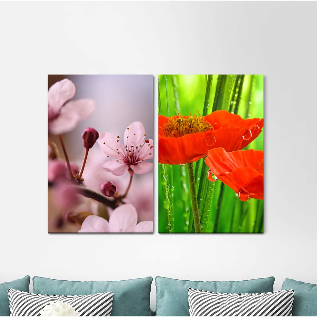 2-tlg. Leinwandbilder-Set - Grafikdruck „Cherry Blossom Spring Summer Red Flowers Water Drops”