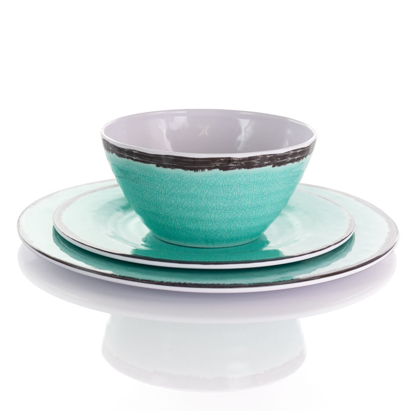 Turquoise Crackle Melamine 12-Piece Outdoor Dinnerware Set