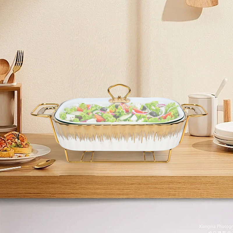 Gold - Rimmed Heated Rectangular Ceramic Buffet Server - Warm - Keeping & Fresh - Locking