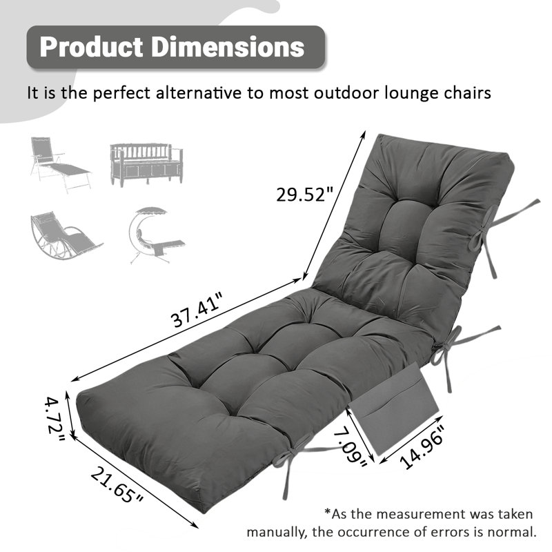 Chaise Lounge Chair Cushion Outdoor,67x22x4 In Waterproof Seat Cushions For Patio Furniture, Thick Long Lounge Cushion,with Straps, Bag, For Lawn Pool Wicker Couch Loveseat