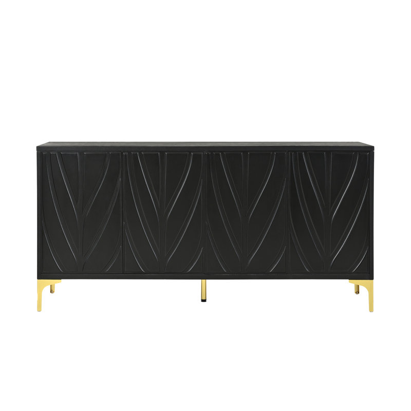 Buffet 60 po sans poignée, avec rangement ouvert à la main, crédence sculptée avec 4 portes, buffet de salon noir moderne, panneau d'entrée en bois (noir)