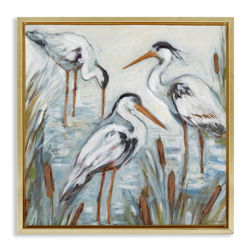 «Three Herons In Water Floater», art mural par Susan Winget, H 18 po x l 18 po, Cadre flottant métallique doré