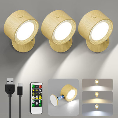  LED Wall Sconces, Wall Mounted Lamp 3 Pcs with Remote Rechargeable Battery Operated, 3 Color Temperatures & Dimmable Wall Lights Magnetic 360° Rotation Light