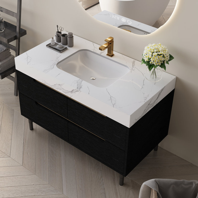 35.4" Modern Bathroom Vanity With Undermount Sink, Sintered Stone Top, Waterproof Multi-Layer Solid Wood, 4 Drawers Storage, Free-Standing/Wall-Mounted