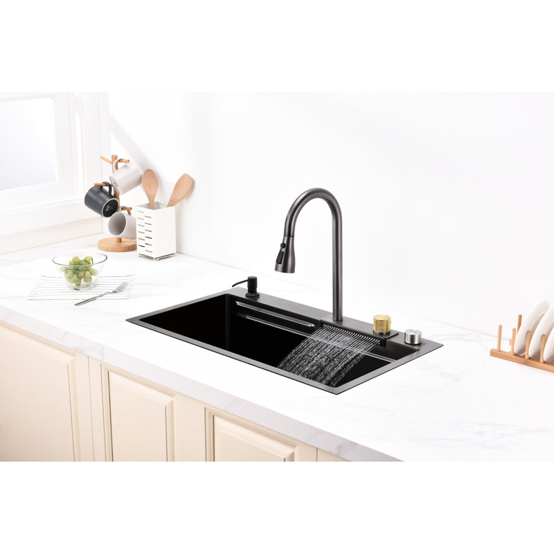 Évier de cuisine en acier inoxydable Nano 304 - Grand bassin à une fente avec bouton de contrôle du drainage, chute de pluie grise et facile à nettoyer