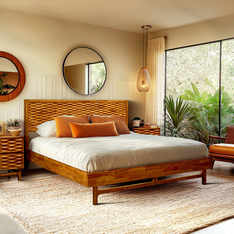 Base de lit plateforme en bois massif Elara avec tête de lit sculptée Elara, Grand, Caramel