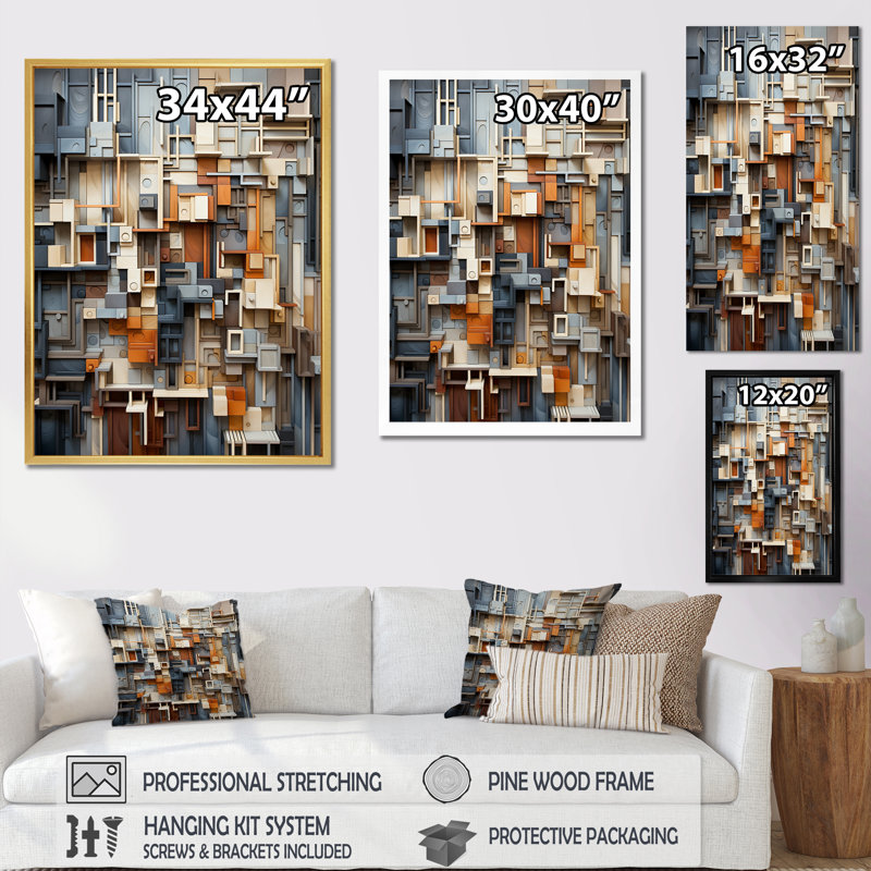 Abstrait taupe, bâtiment I, sur toile, H 44 po x l 34 po x P 1,5 po, Cadre flottant doré