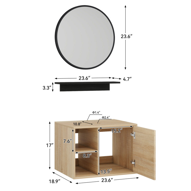 Ensemble de meuble-lavabo simple mural 24 po avec miroir Bitha, Noir