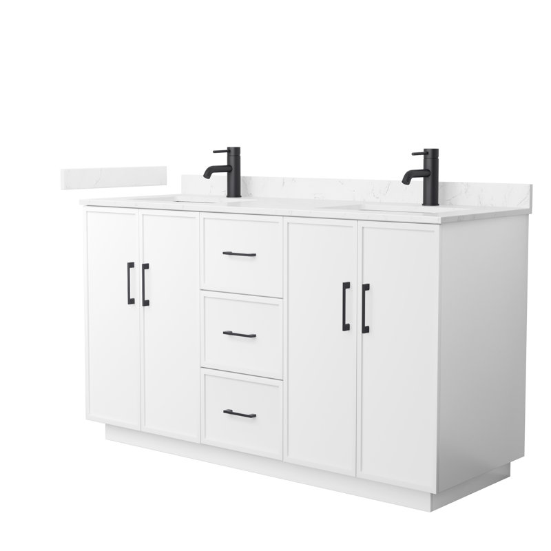 Meuble-lavabo double 60 po Elan TK, Blanc, Marbre de culture de Carrare, Noir mat