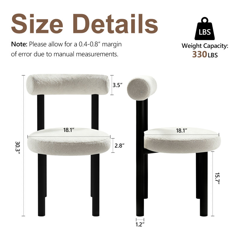 Petite chaise de coiffeuse sans accoudoirs en tissu Teddy avec soutien lombaire pour le maquillage dans la chambre, noir et blanc