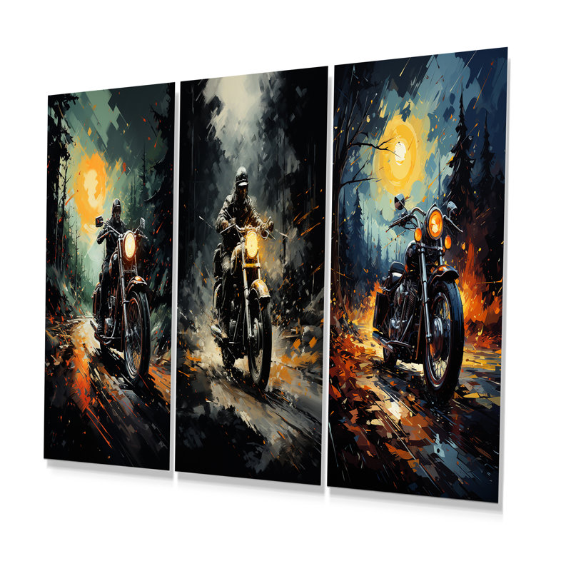 «Vintage Durty Bike Memory On The Road», ensemble de 3 décorations murales en métal, H 32 po x l 48 po