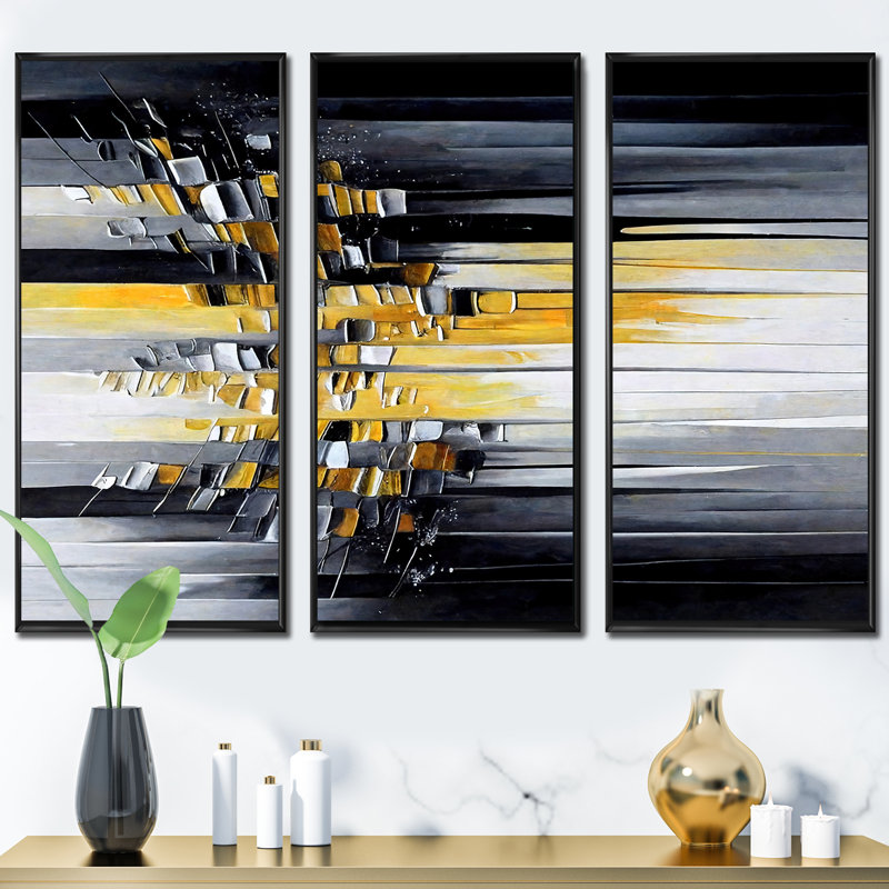 Abstrait géométrique noir et jaune III - 3 pièces sur toile, Cadre noir, L 36 po x H 28 po