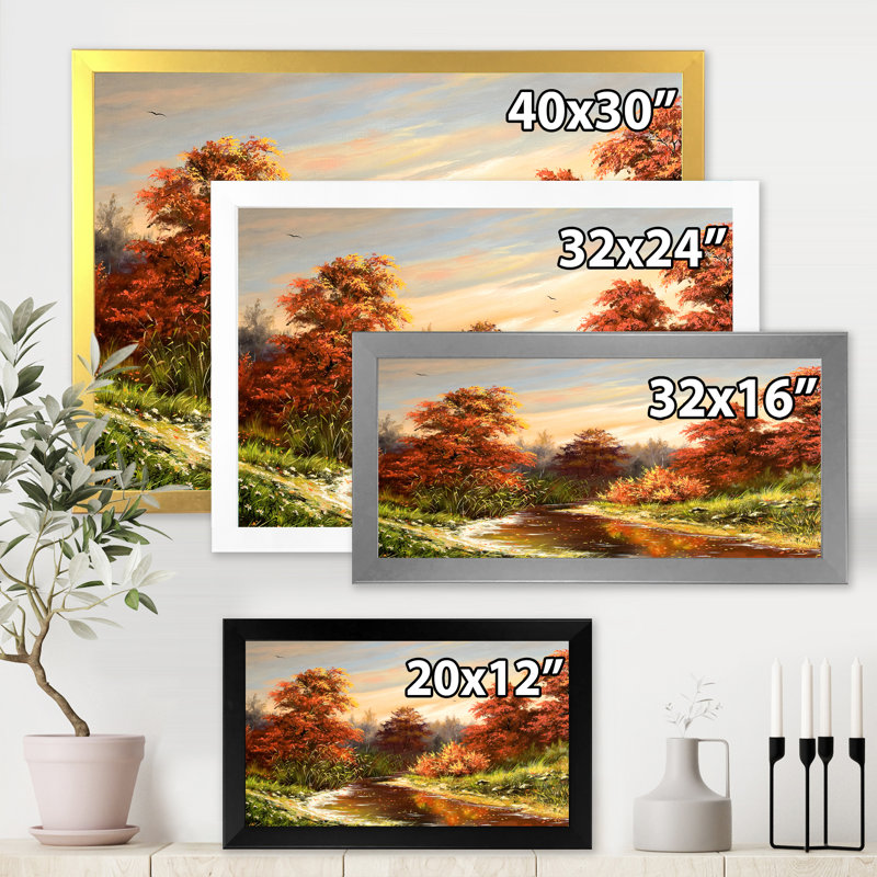 «The Wood River on a Decline in an Orange Autumn», peinture sur toile, H 30 po x l 40 po x 1,5 po, Cadre doré