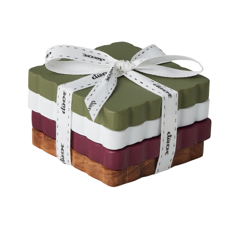 Scalloped Wood Coasters, Square, White/Brown/Green