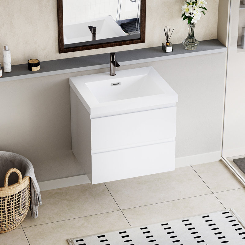 24" Glossy White Wall-Mounted Bathroom Vanity with Resin Sink
