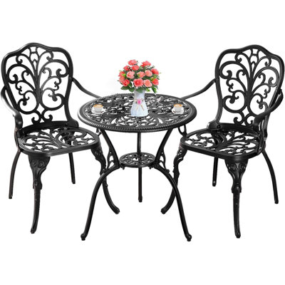 Round 2 - Outdoor Cast  Aluminum Bistro Set with Umbrella Hole,Outdoor Patio Bistro Sets,Black