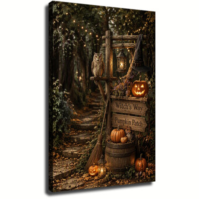 Canvas Wall Art, Witchs Way Wooden Sign With Owl Jack O Lantern Pumpkin, Enchanted Forest Halloween Canvas Painting For Entryway Home Decor, Framed Wa