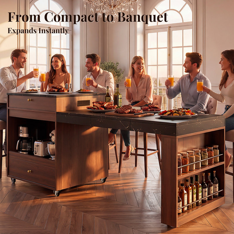 Îlot de cuisine à roulettes extensible de 78,8 pouces avec prise de courant, étagère à épices à 2 niveaux, tiroir à vaisselle, tiroir pour appareils électroménagers et armoire de rangement à double porte OMCHOM