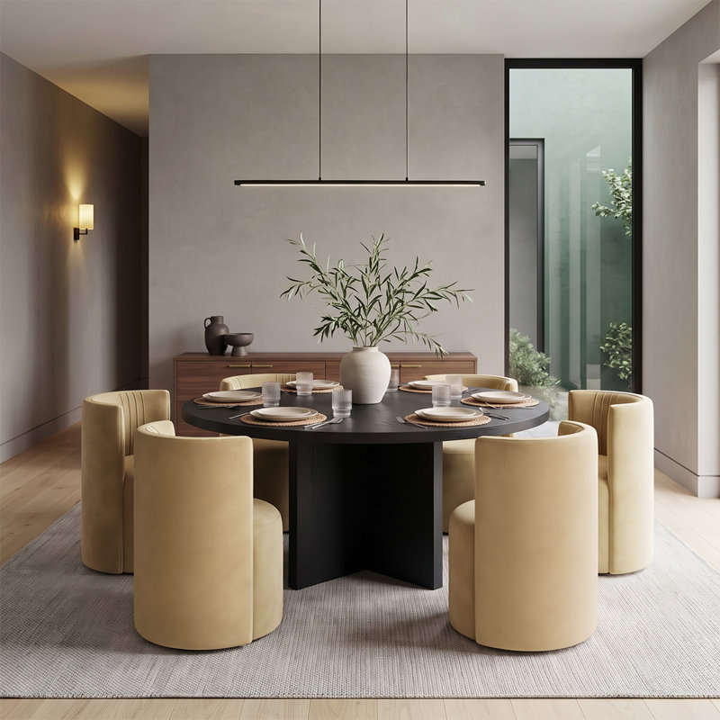 Ensemble de table de salle à manger ronde en placage de bois de 60 pouces avec 6 chaises en velours et roulettes dissimulées