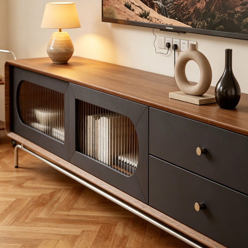 Meuble télé haut de gamme avec base en métal et rangement en bois