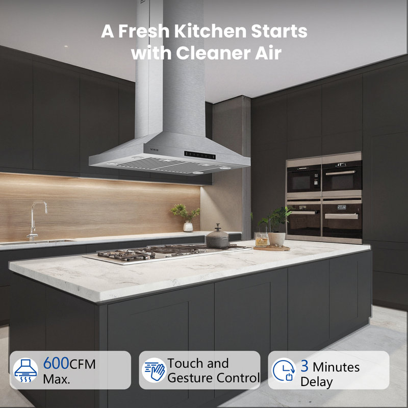 Hotte pour îlot de cuisine 30 po avec 4 lumières VIKio, 3 vitesses, 600 pi³ / min, filtres ultra-silencieux et lavables au lave-vaisselle, acier inoxydable, homologué ETL