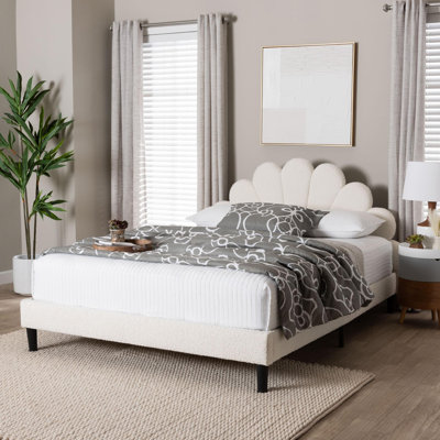 Baxton Studio Albion Boucle Upholstered Platform Bed – Soft Fabric Queen Size Bed Frame With Padded Headboard, Minimalist Design, Cream