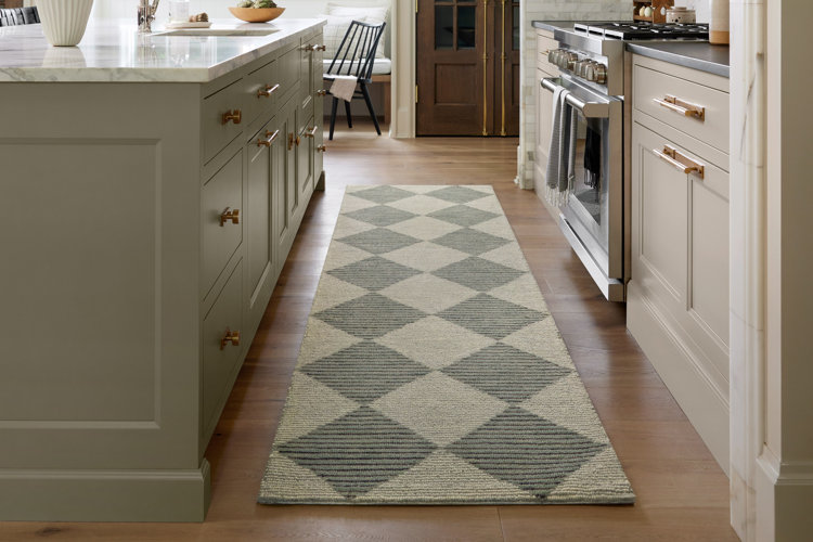 luxe kitchen with a checkerboard-patterned runner rug