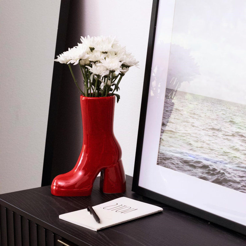 Red Ceramic Boot Vase for Table Decor