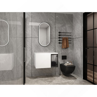 Meuble-lavabo mural 30 po en contreplaqué blanc brillant avec portes décoratives en verre gris (lavabo non inclus)